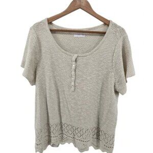 LC Lauren Conrad Knit Top XXS Beige Crochet Button Front Short Sleeve